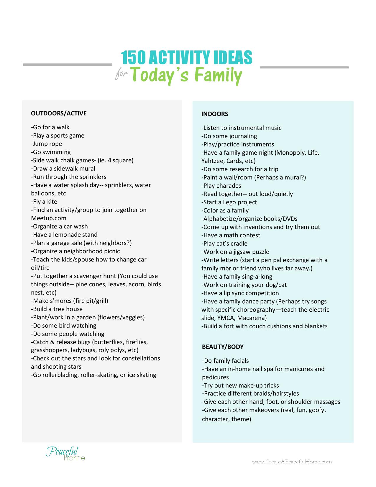 150 Activity Ideas for Today's Family | CreateAPeacefulHome.com